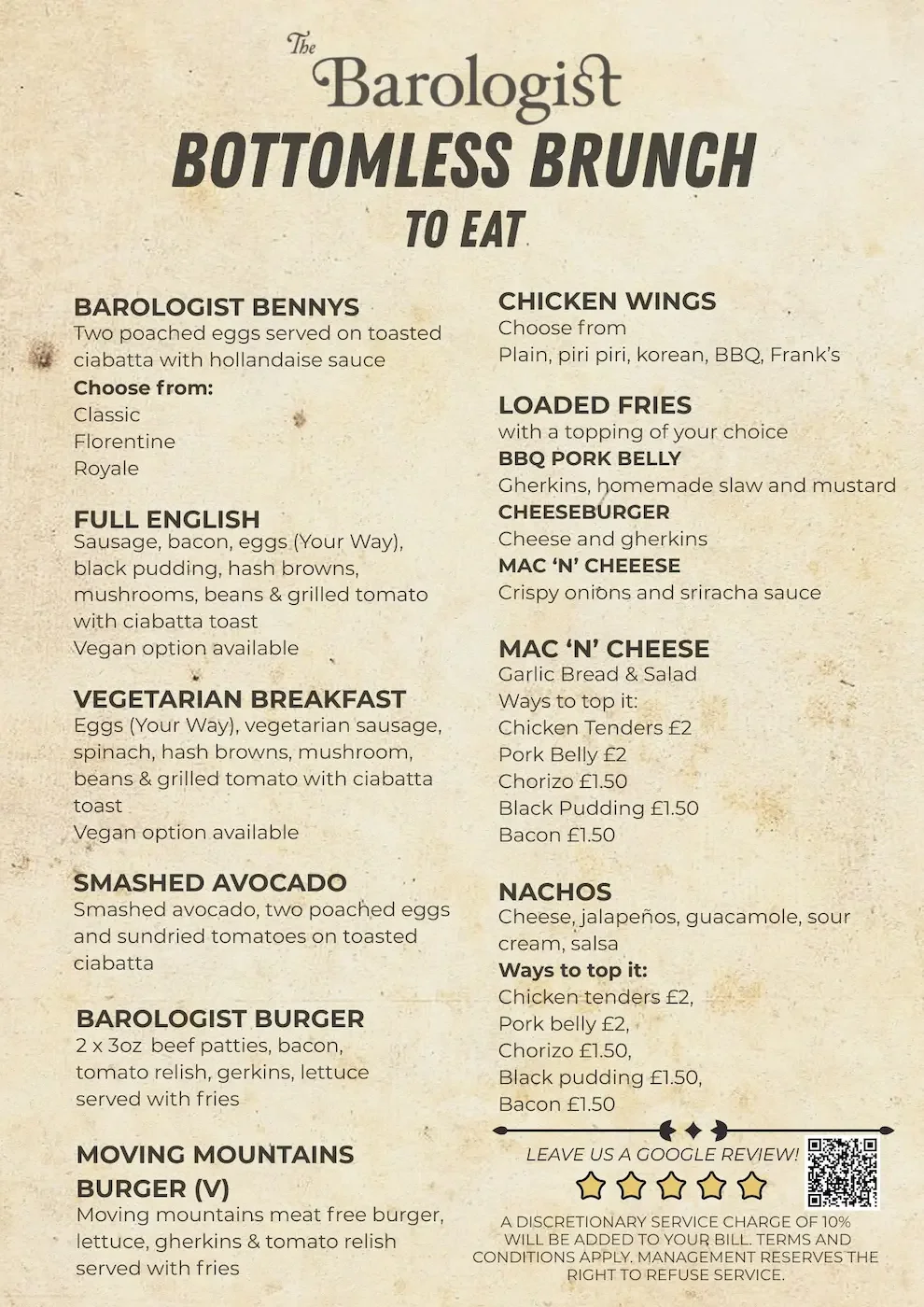 bottomless brunch food menu