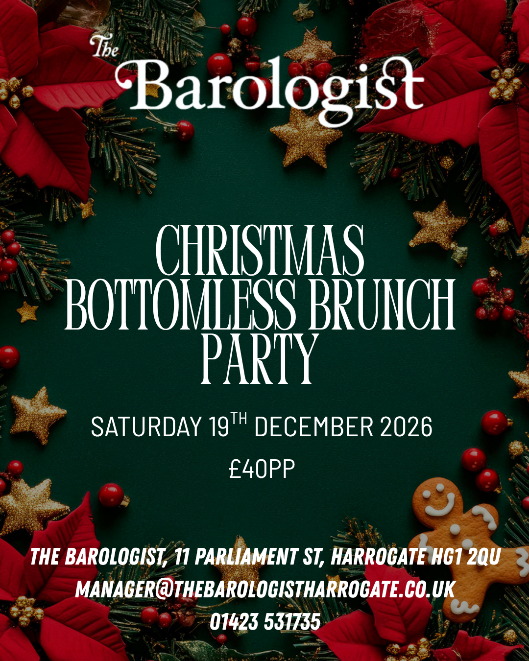 A festive Christmas invitation with a dark green background and holiday decorations, including red poinsettia flowers, gold star ornaments, red berries, and a gingerbread cookie on the bottom right.