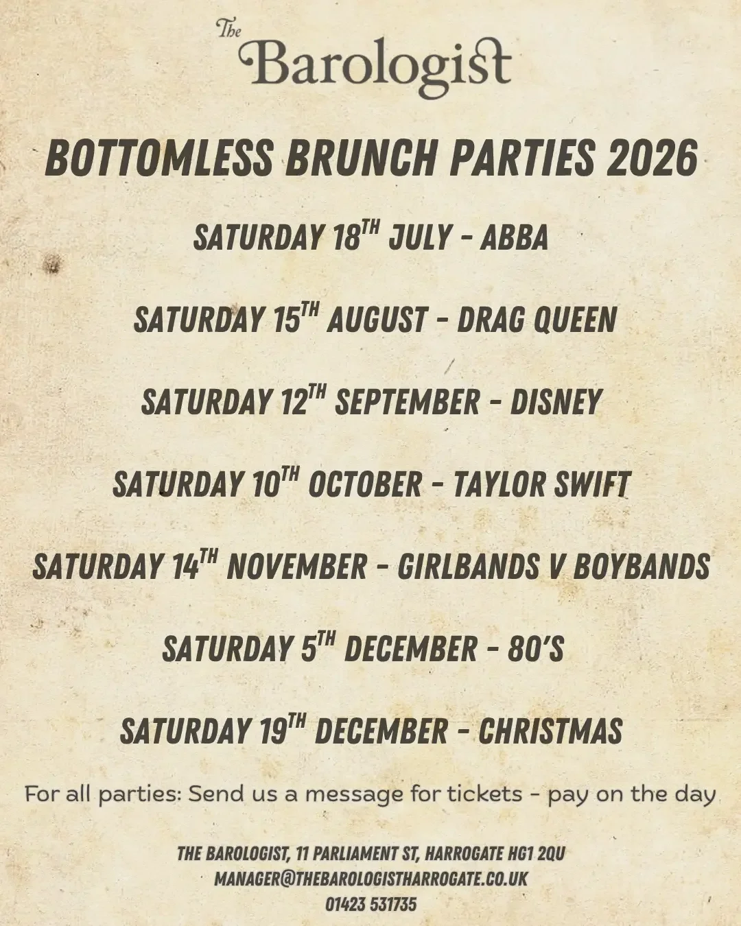 A poster for The Barologist advertising Bottomless Brunch Parties in 2026 with scheduled dates and special themes for each event.