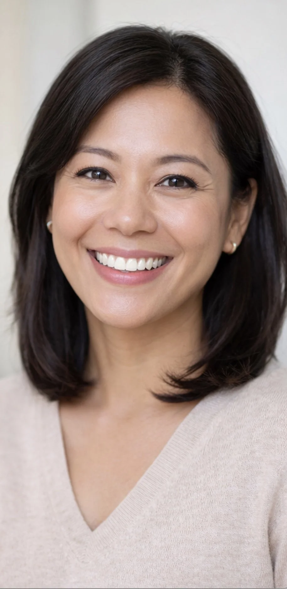 A asian woman with long black hair, and light blouse with a lovely smiling.