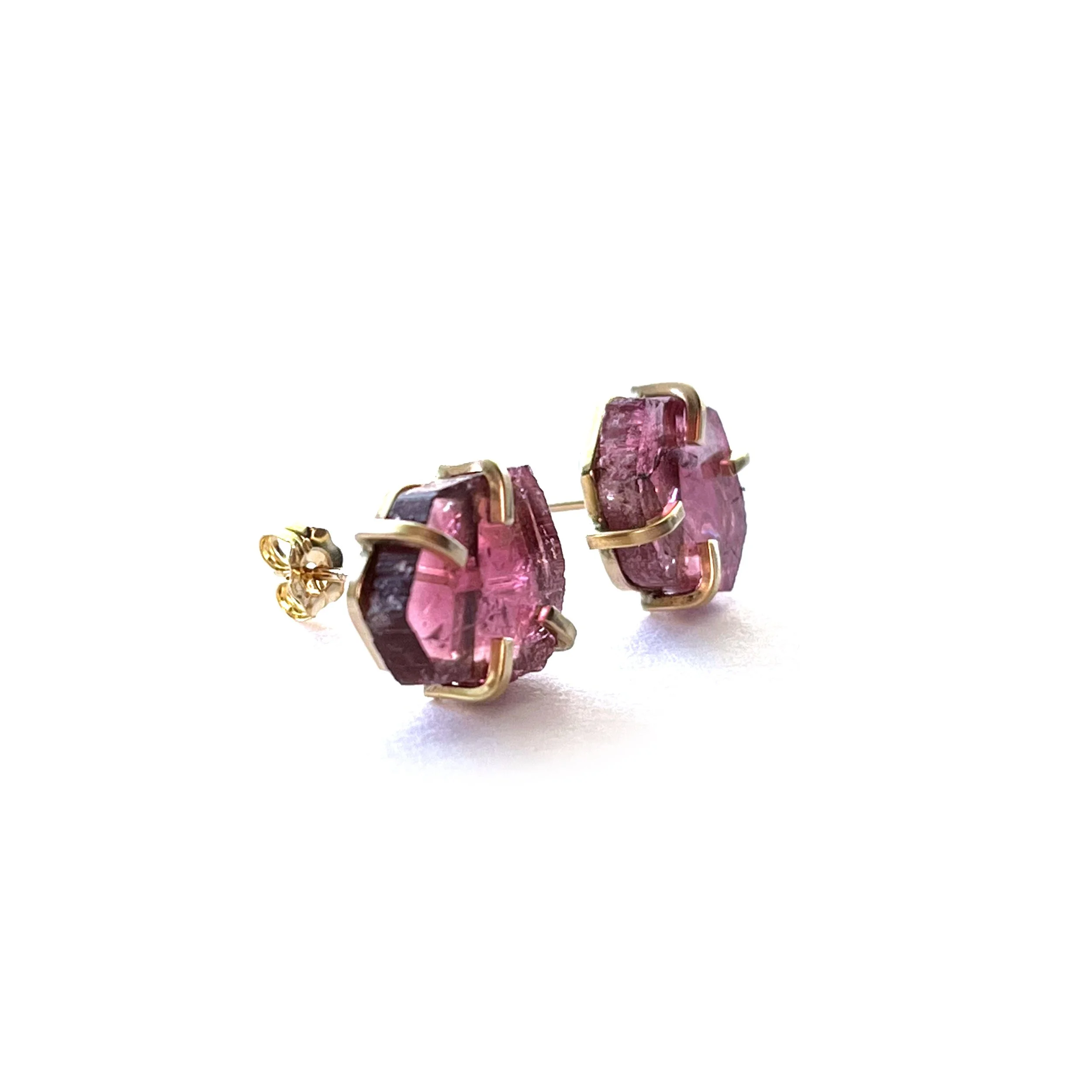 Rough cut pink tourmaline slices set in 14k yellow gold earrings