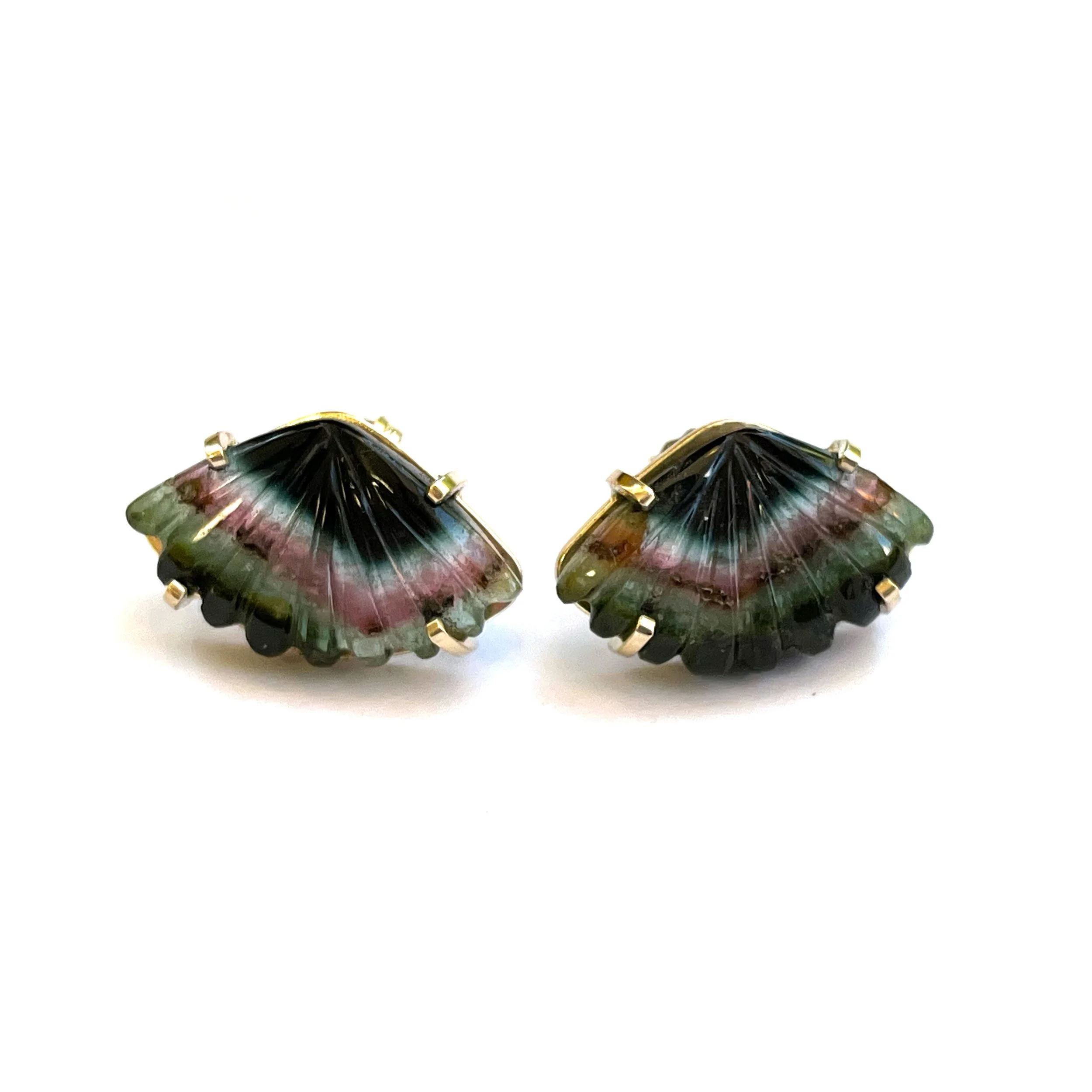 Carved rainbow tourmaline fan shapes set in 14k yellow gold, earrings