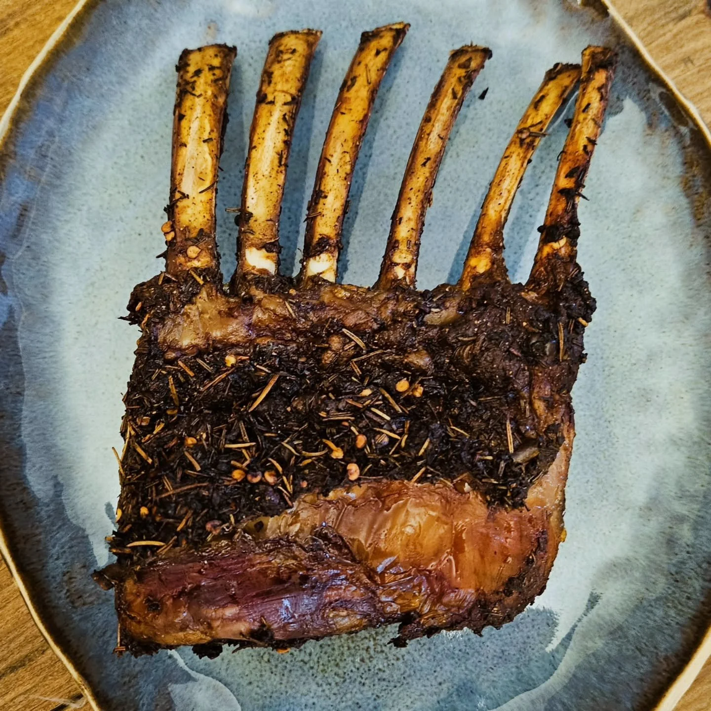 Treated myself to this stunning rack of lamb. I marinated it for two days then roasted it in the oven at 350⁰ F for about two hours. The key to lamb is giving it time to rest after cooking - don't slice it right away or you'll dry it out (like I did 