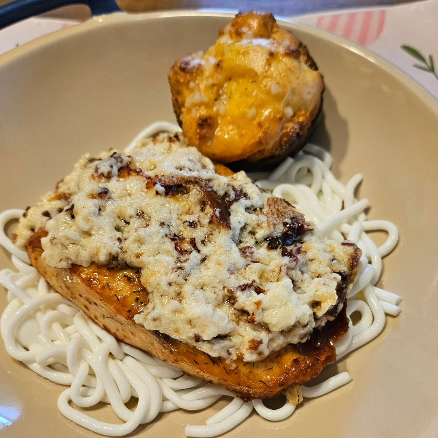 Some carnivore creativity for my day off!

I made some delicious salmon Alfredo on top of @miraclenoodle egg white noodles, with a garlic butter roll using @steakandbuttergal whole milk powder recipe. 100% carnivore &amp; 100% delicious!

For dessert