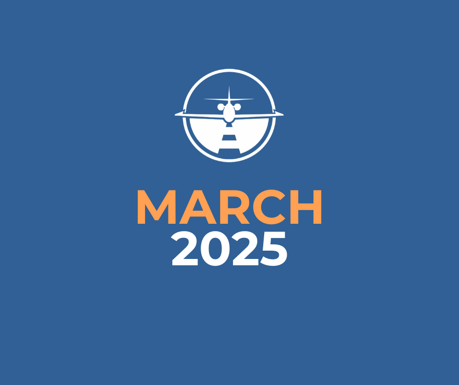 A graphic with an airplane icon inside a circle at the top, and the text 'MARCH 2025' below on a blue background.