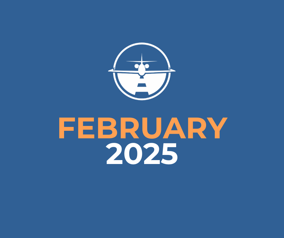 A graphic with a dark blue background featuring a white aircraft icon within a circle. Below the icon, the text reads "FEBRUARY" in orange and "2025" in white.