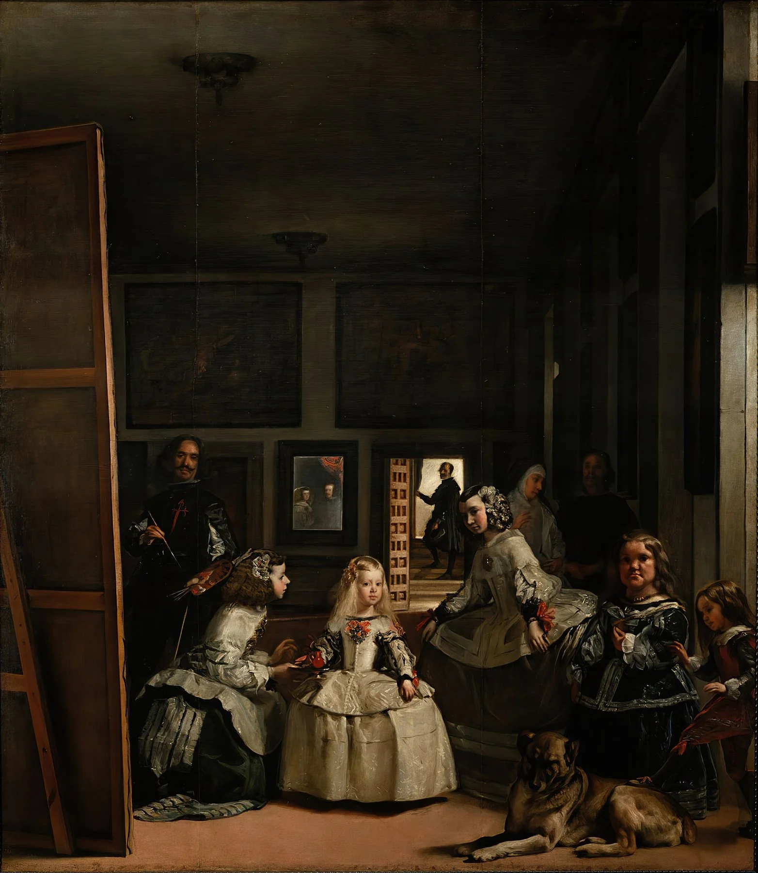A classical painting of a group of young girls and women dressed in historical clothing, gathered inside a dimly lit room, with a dog lying on the floor in front.