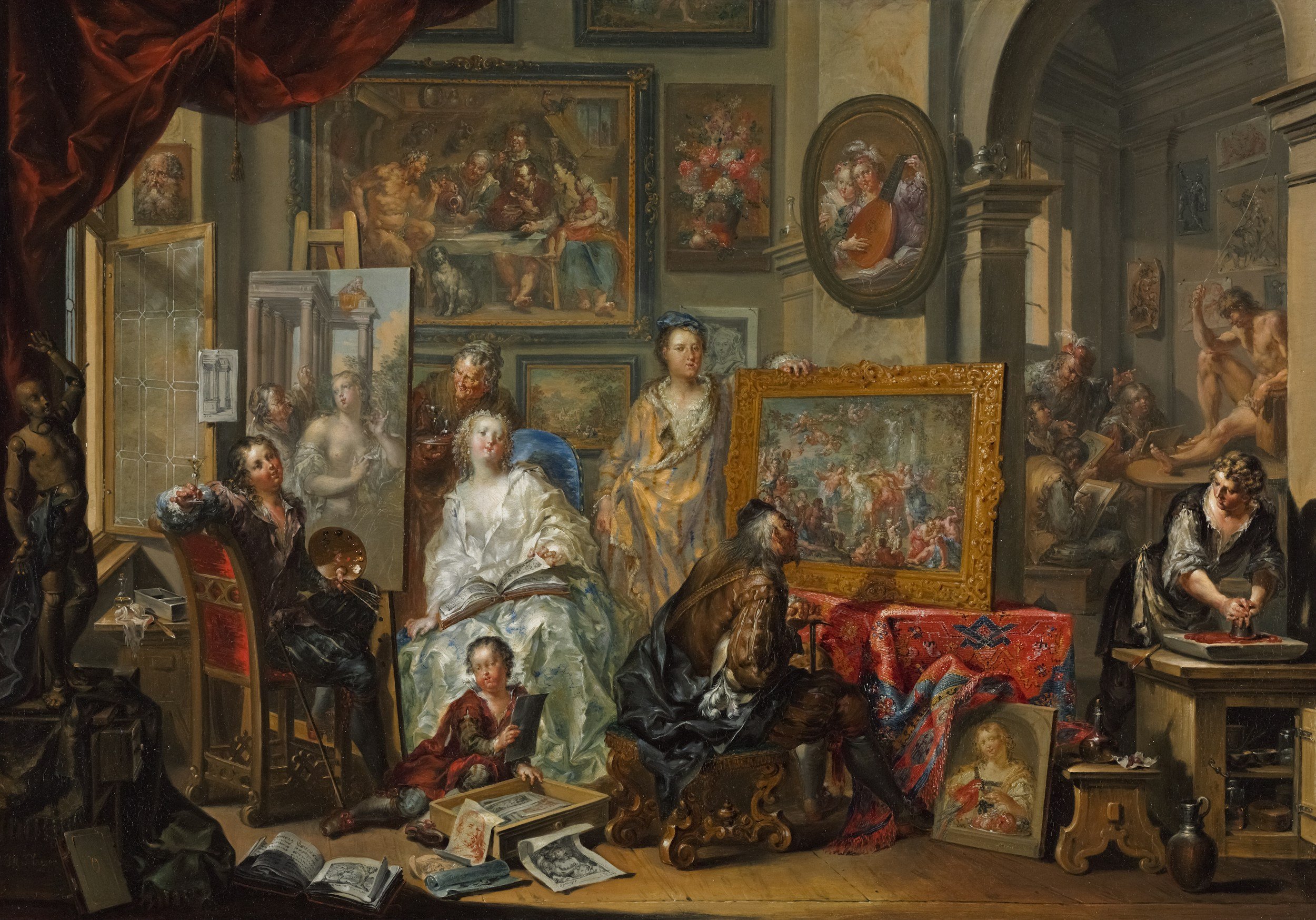 A highly detailed, classical oil painting depicting a crowded interior scene with numerous people, artworks, and objects. The scene includes men and women engaged in various activities, with some painting, reading, and observing. The background features many framed paintings and decorative elements, creating an artful, busy atmosphere.