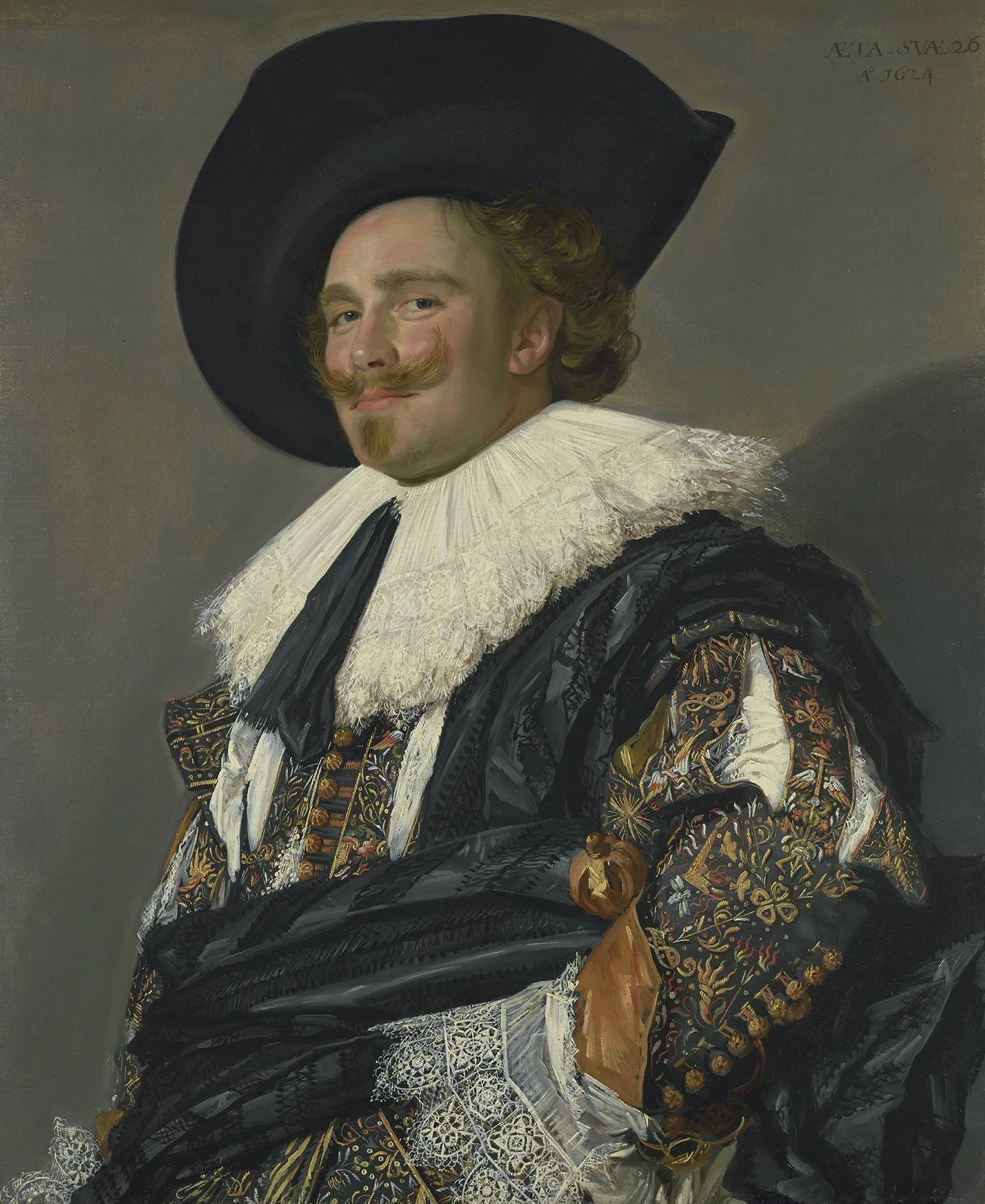 Painting of a woman dressed in 17th-century European aristocratic costume, with a large black hat, elaborate patterned dress, and lace underskirt, holding a round object, possibly a fan or a small ball.