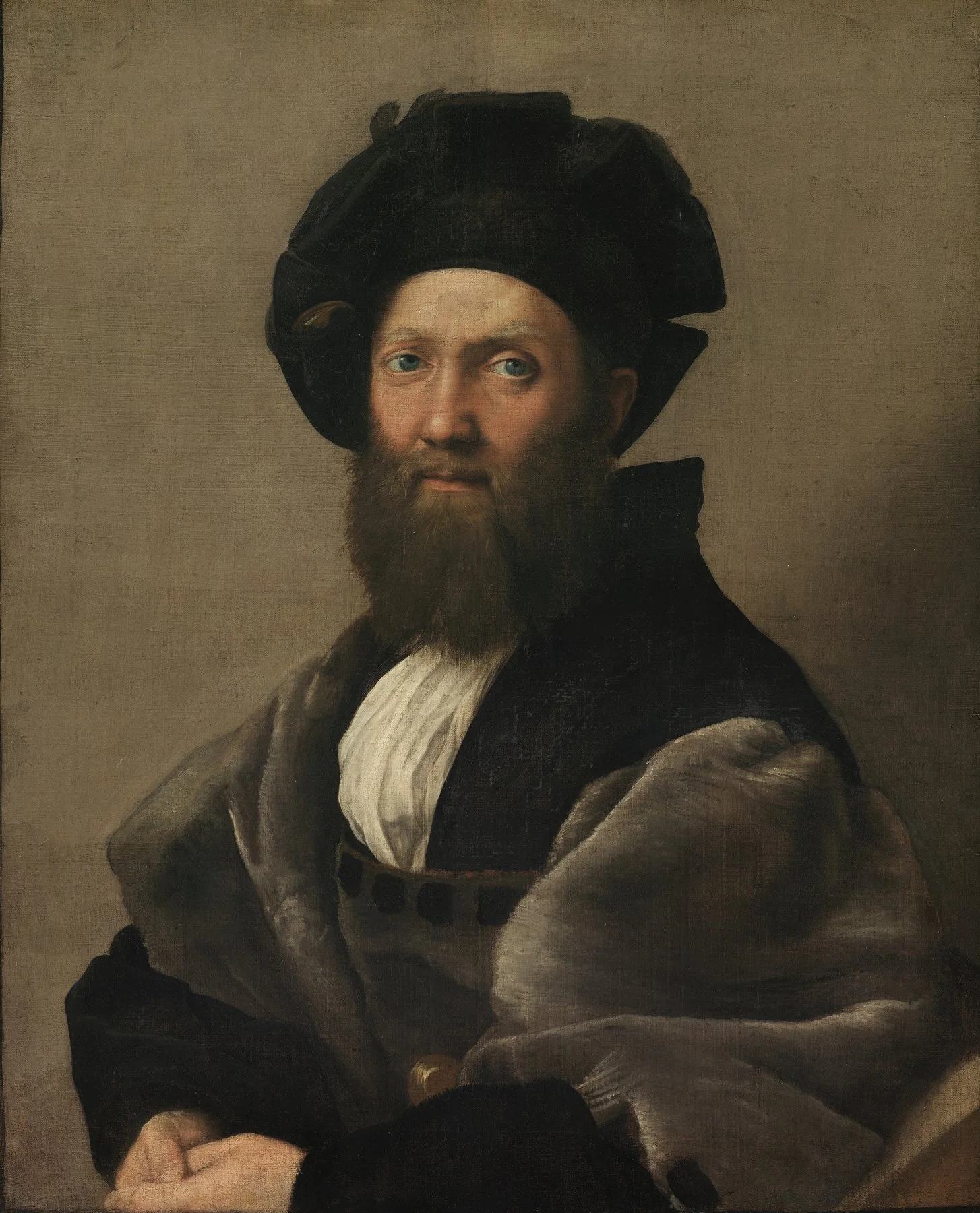 A classical portrait painting of a man with a beard and pale blue eyes, wearing a large black hat and historic clothing, with one hand on his hip, set against a plain background.