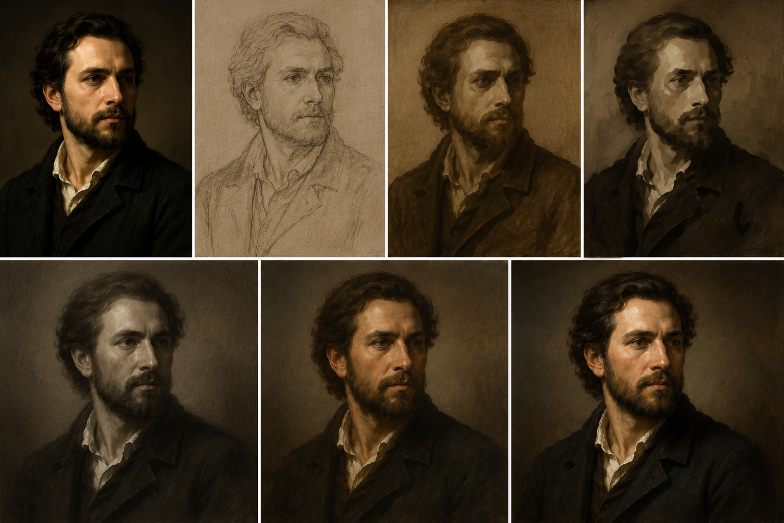 Step-by-step progression of a portrait of a man, starting from a sketch, then adding basic colors, shading, and finally detailed realistic features in a classical painting style.