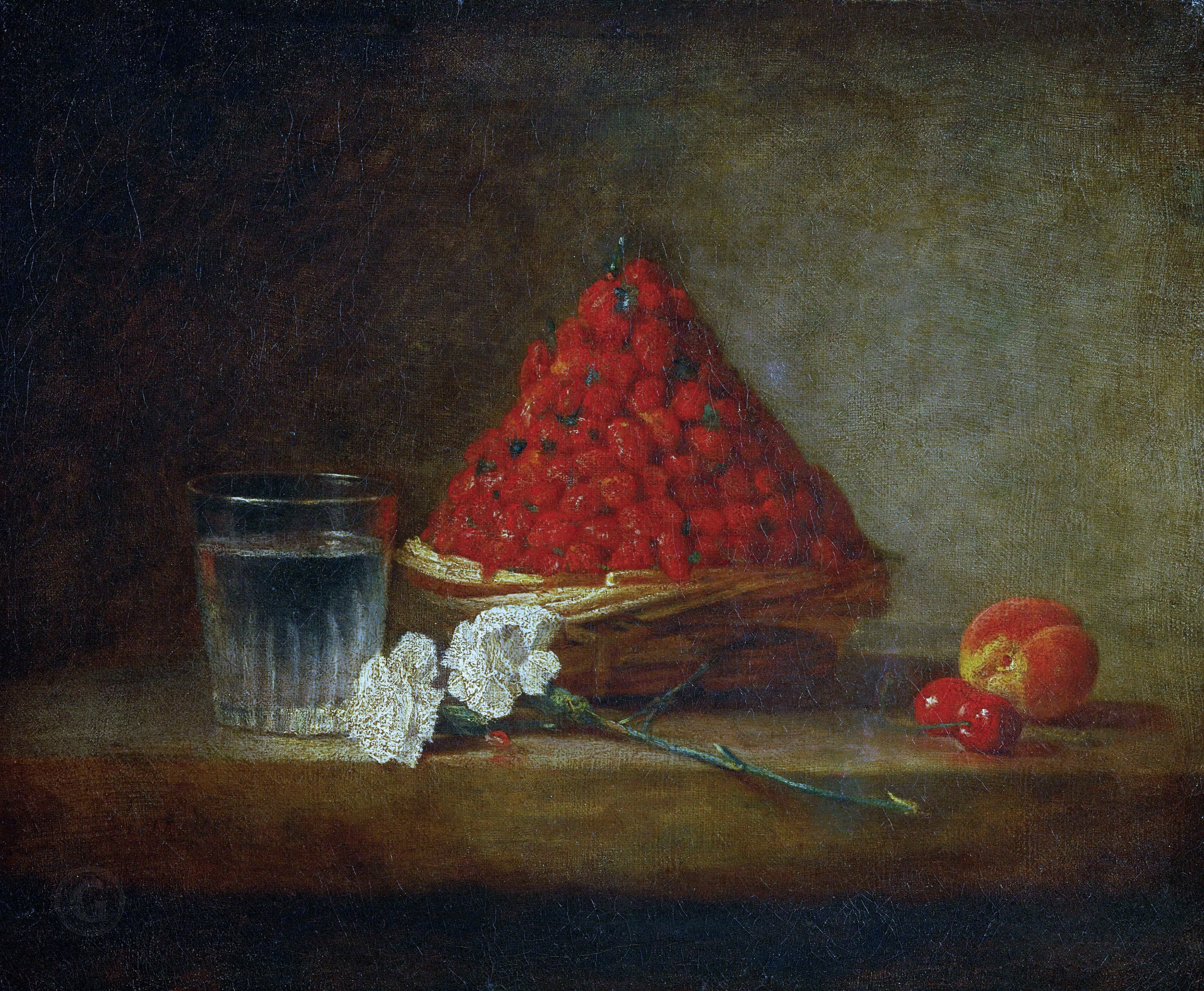 A still life painting of a grape and cherry clusters on a dark background, with a white flower, glass, and a cake or pastry in the composition.