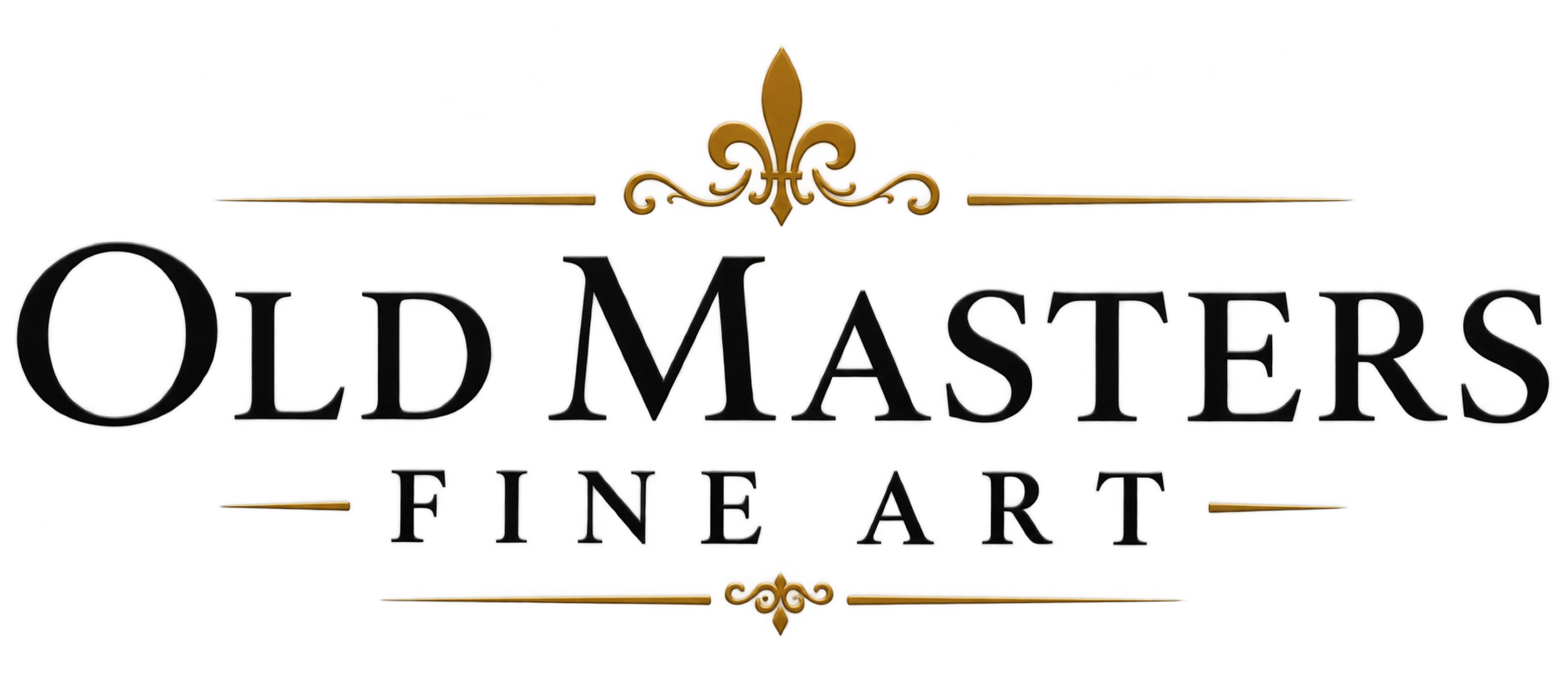 Old Masters Fine Art logo with a gold fleur-de-lis above and gold decorative elements below, black serif font text reading 'Old Masters Fine Art'.