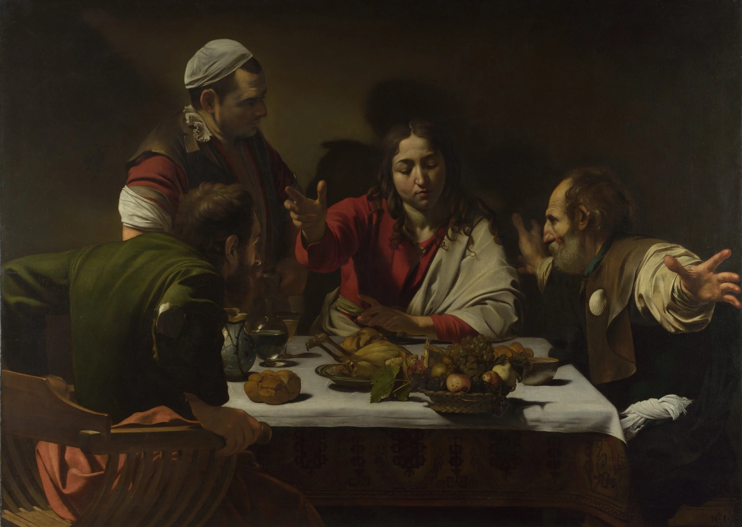 A classical oil painting depicts The Last Supper, showing Jesus Christ with his twelve apostles seated at a long table, surrounded by food, grapes, bread, and fruit.