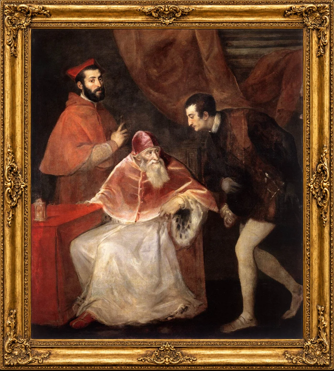 A painting of a seated elderly man with a long white beard, wearing a red cap and robes, reaching out to a standing younger man in dark clothing, with two other men observing in the background.