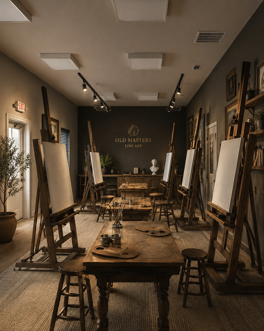 An art classroom with easels and chairs, a black wall with the sign 'Old Masters Fine Art,' and a sculpture of a woman's bust sitting on a shelf.
