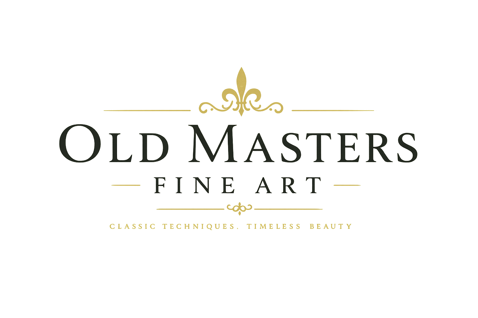 Logo for Old Masters Fine Art with text and decorative elements.