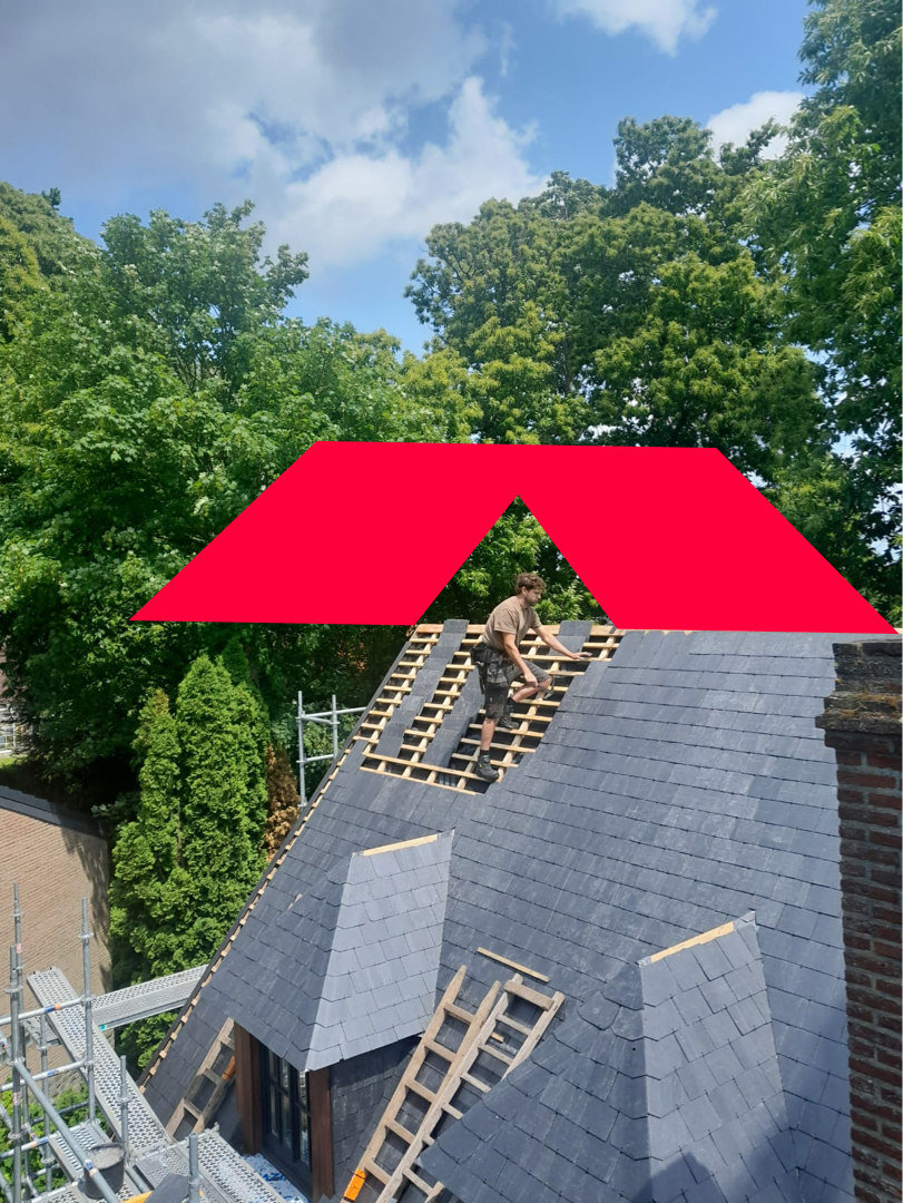 A man working on a roof under an open red tarp, with green trees and a blue sky in the background.