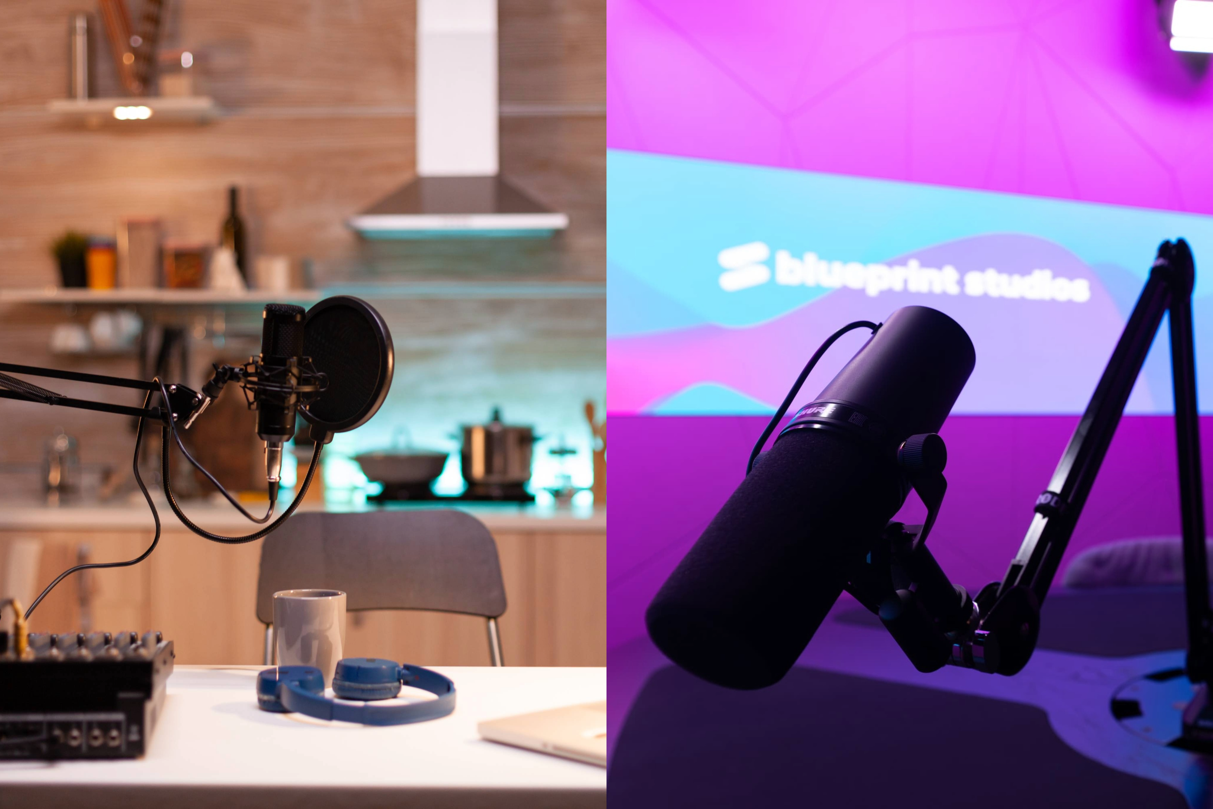 Image on the left shows home recording in someone's kitchen, image on the right shows professional studio