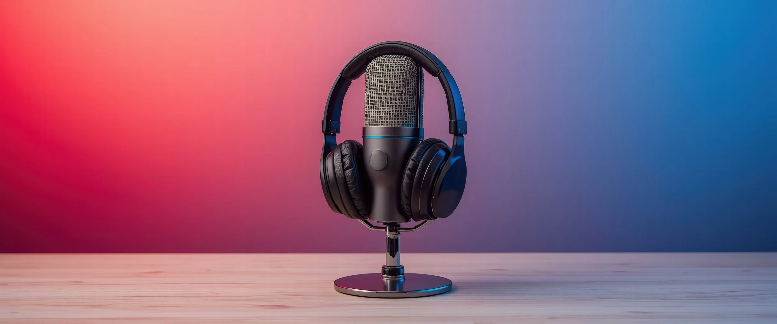 Podcast microphone and headphones on a desk