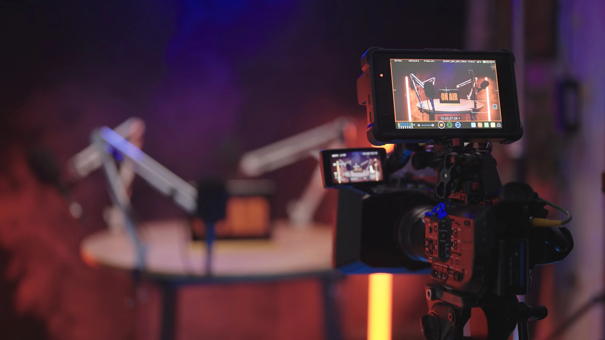 Close up of a camera recording a video podcast