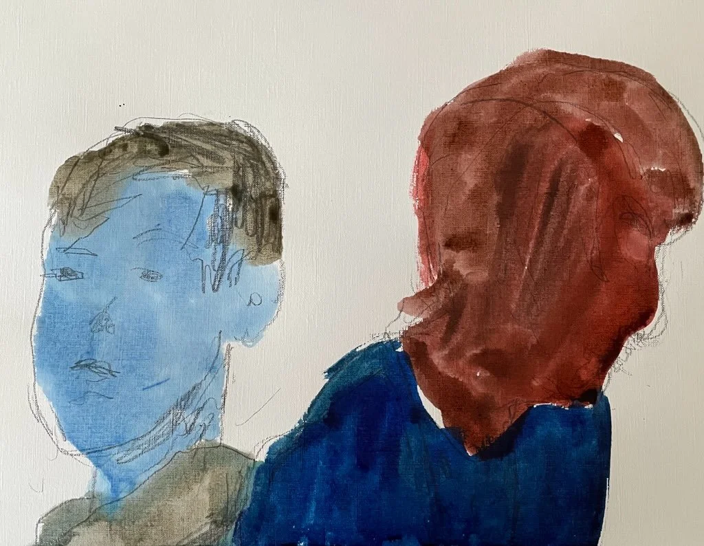 A watercolor painting of two people, one with blue-toned skin and short brown hair, the other with red-toned skin and red hair, both facing left.