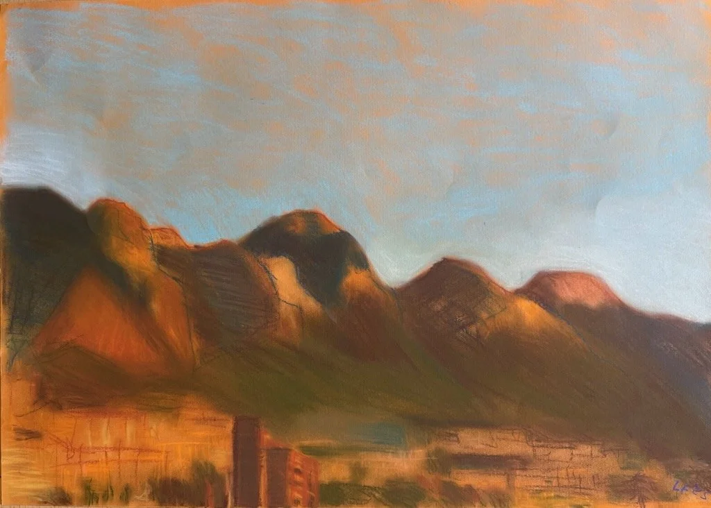A landscape painting of mountains against a sky with gray and orange hues.