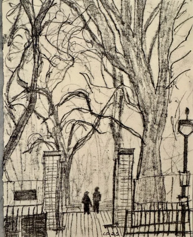 A black-and-white sketch of a park scene with two people walking beneath large, leafless trees, flanked by lampposts and a fence.