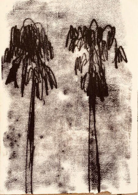 Black and white sketch of two palm trees with long, thin trunks and sparse foliage at the top.