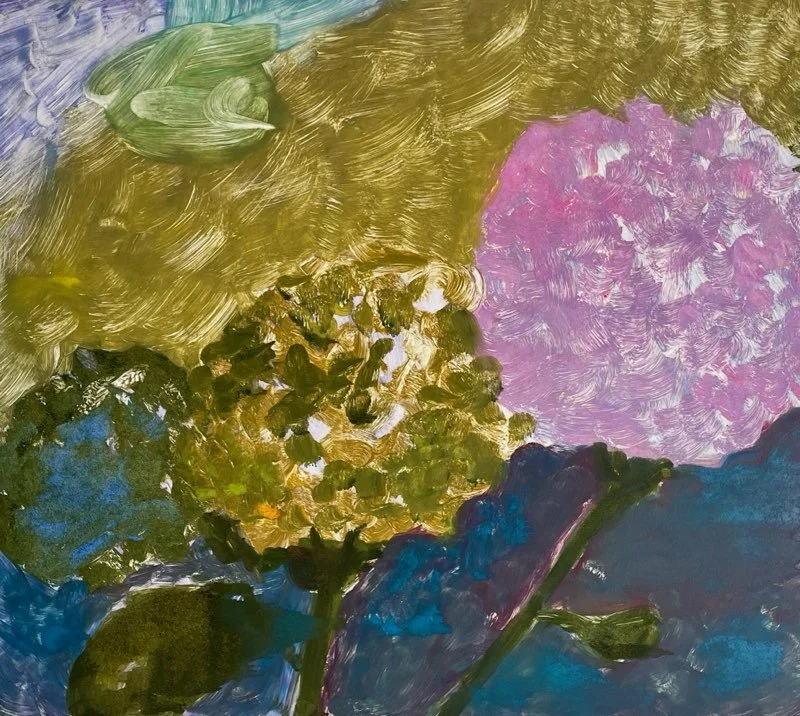 Close-up of a colorful, impressionistic painting of flowering hydrangeas with pink, yellow, green, and blue hues.