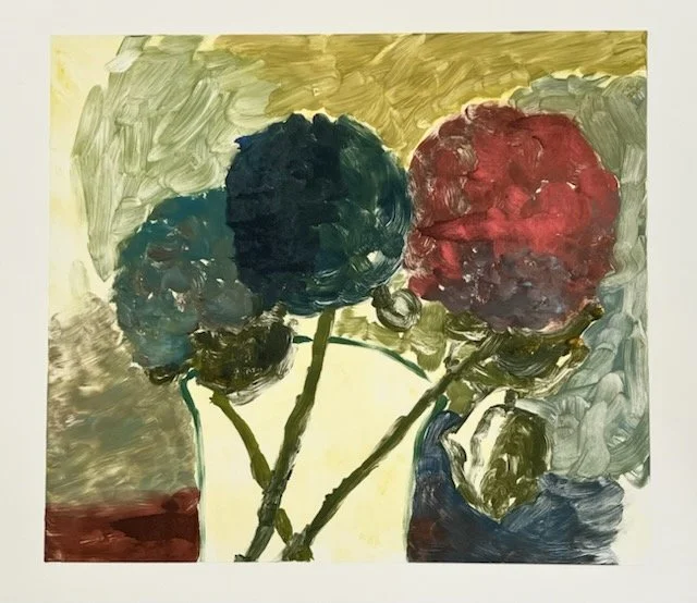 A colorful abstract painting of a flower with blue, red, and purple blooms on green stems against a yellow, gray, and brown background.