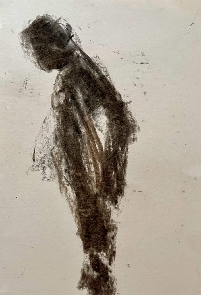 Abstract painting of a woman with short hair and glasses standing sideways, with a pensive expression.