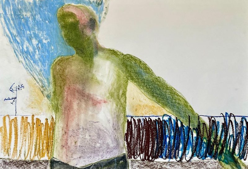 A colorful, abstract drawing of a human figure with a greenish hue, standing with one arm stretched out, against a background with various colors and scribbles.