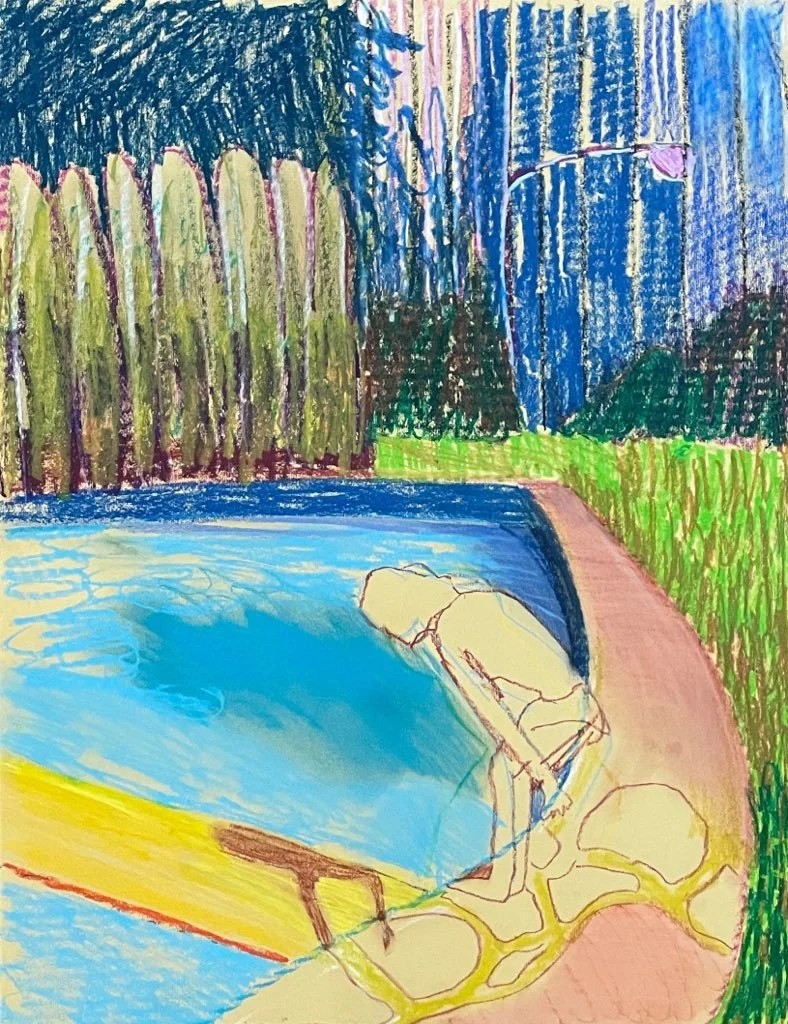 Children playing by a swimming pool outdoors surrounded by trees and grass, with colorful outdoor scenery.