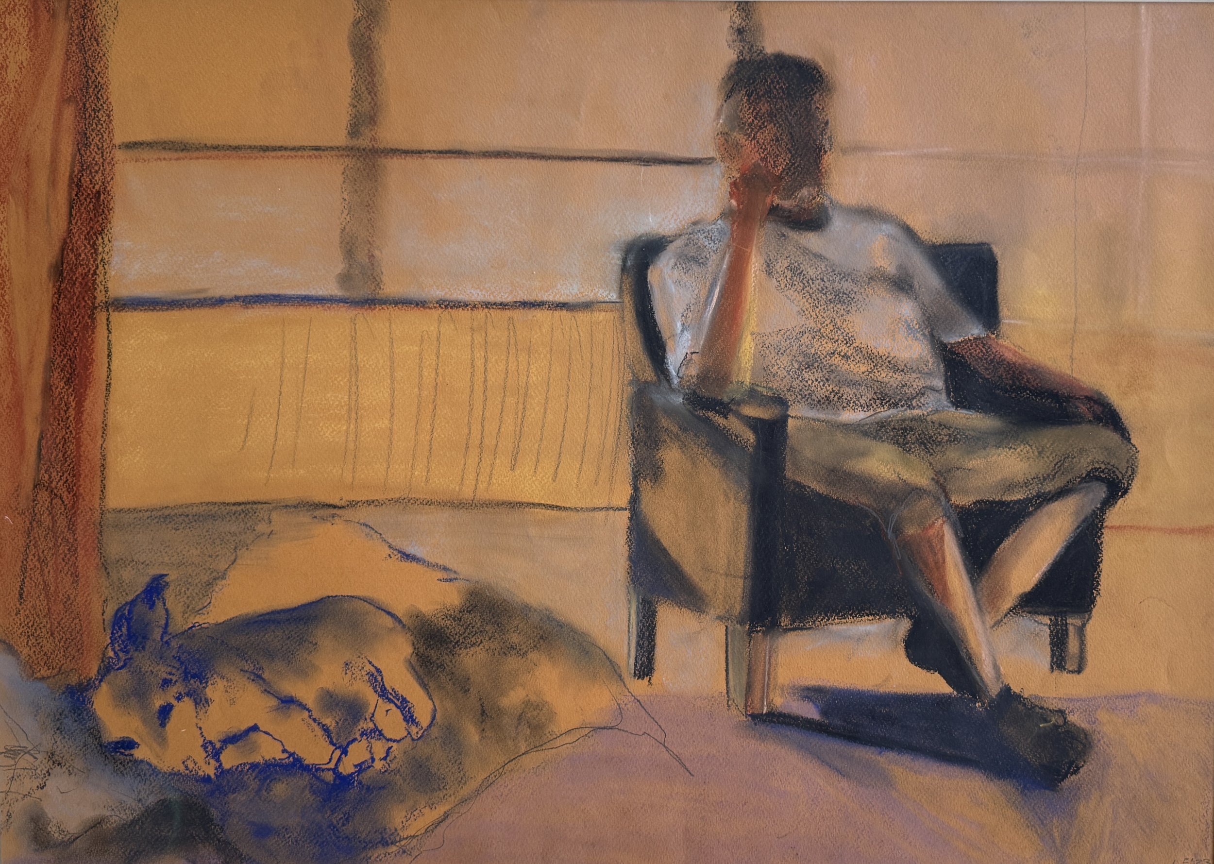 A person sitting in a black chair, resting their head on their hand, with a wall behind them and a large, abstract dog sketch in the foreground.