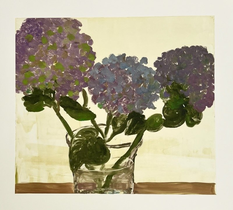A painting of three colorful hydrangea flowers in a glass vase on a wooden surface.