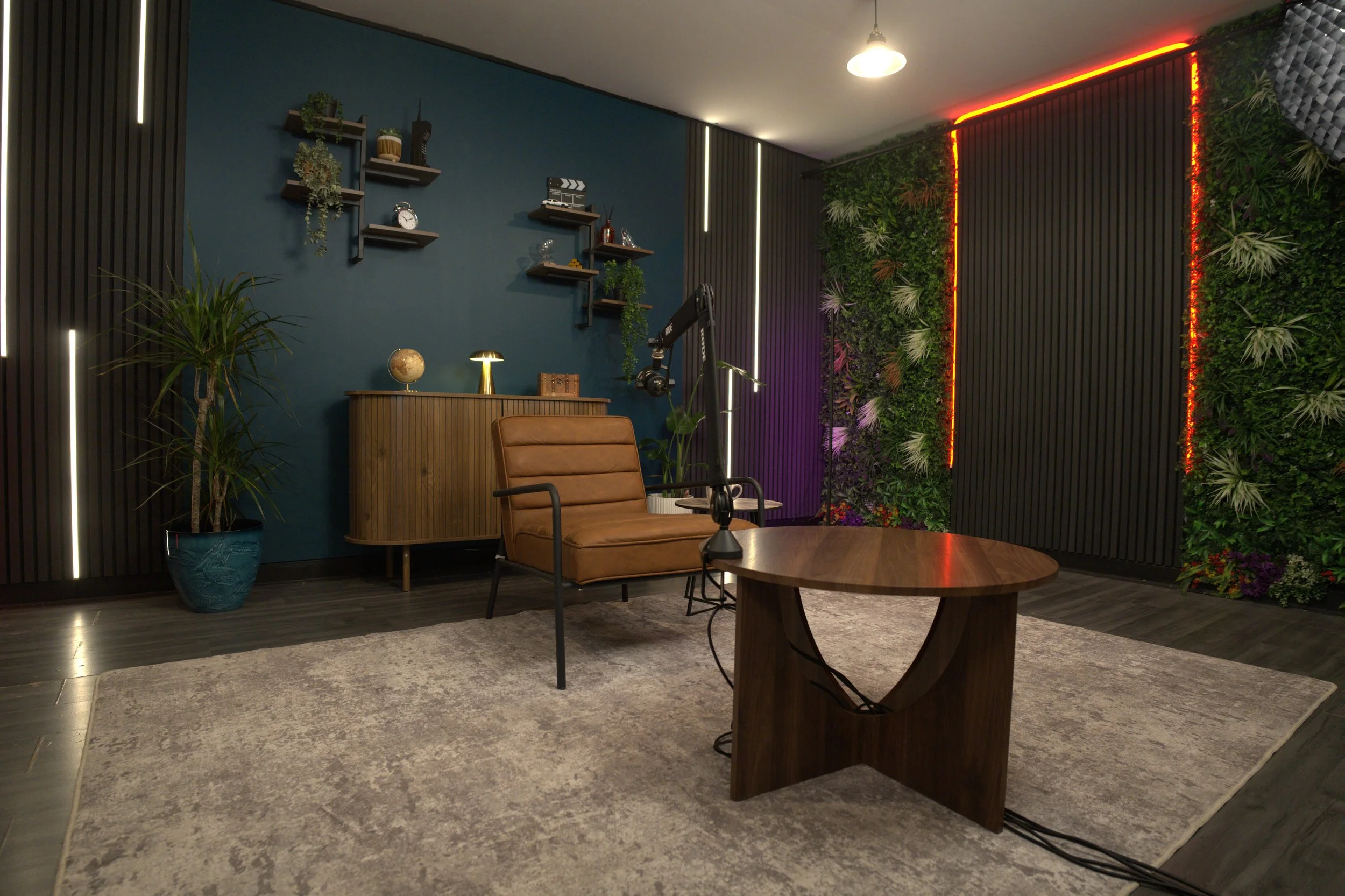 Aesthetic setup and seating options at Ancoats Podcast Studio in Manchester