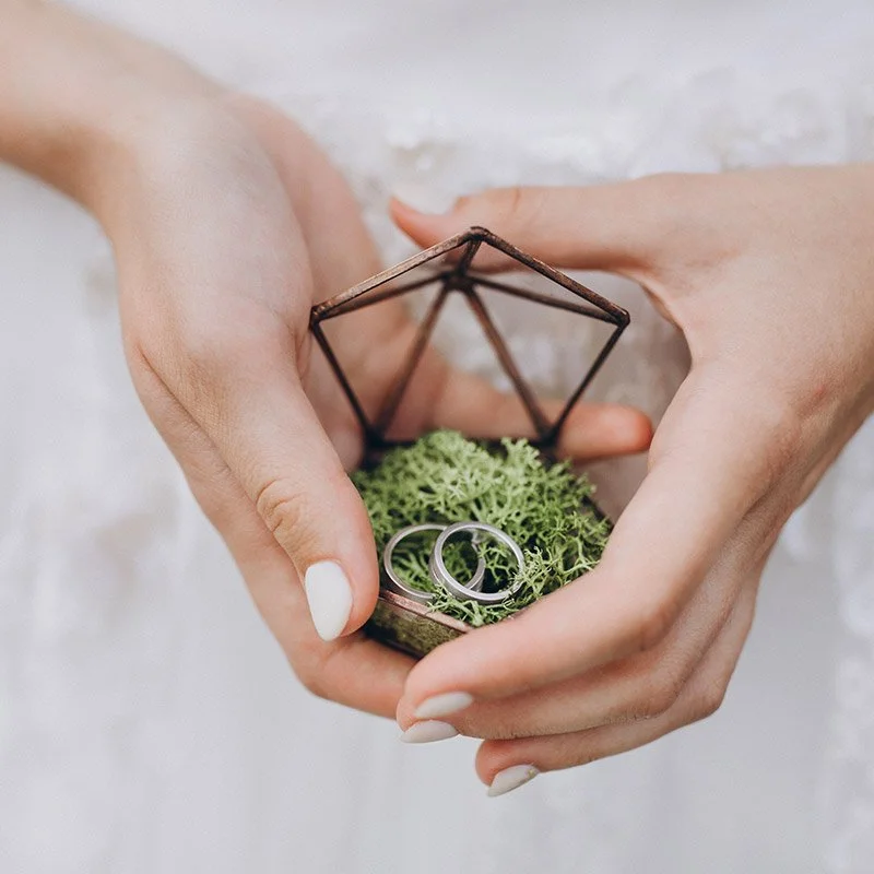 Zwei Eheringe in einem runden Glasgefäss mit Moos – natürliches Hochzeitsdetail für freie Trauungen im Bodenseeraum oder in St. Gallen.
