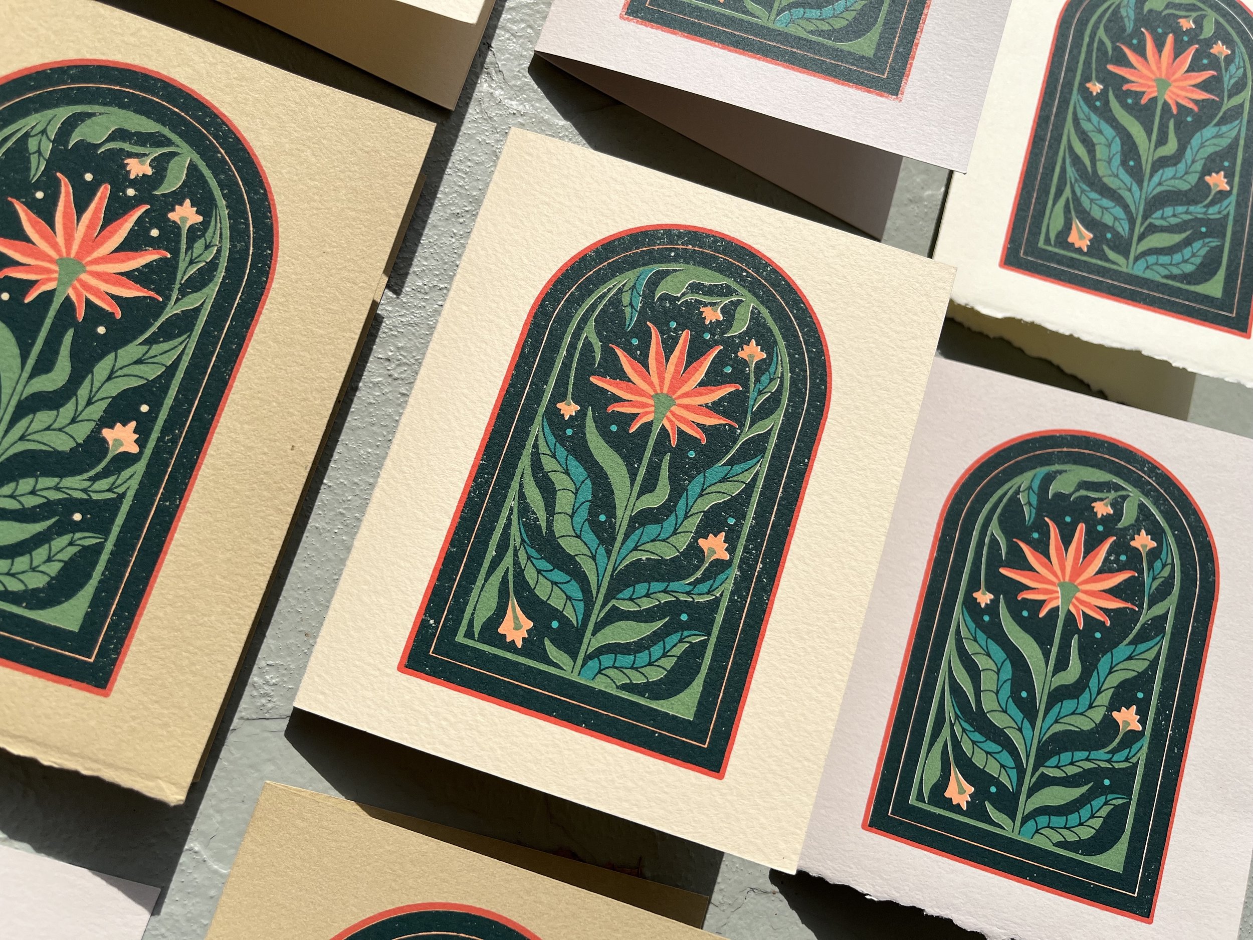 Bee Balm - 5 color screenprinted notecards, all custom colors printed by hand by me (2024)