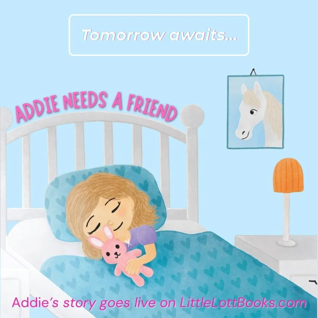 Addie is fast asleep and tomorrow is a big day.

Her story is almost here, and she cannot wait to wake up and meet new friends who will read along with her.

Tomorrow awaits. 7pm EST 💛

LittleLottBooks.com &amp; Amazon

#AddieNeedsAFriend #AddieNeed