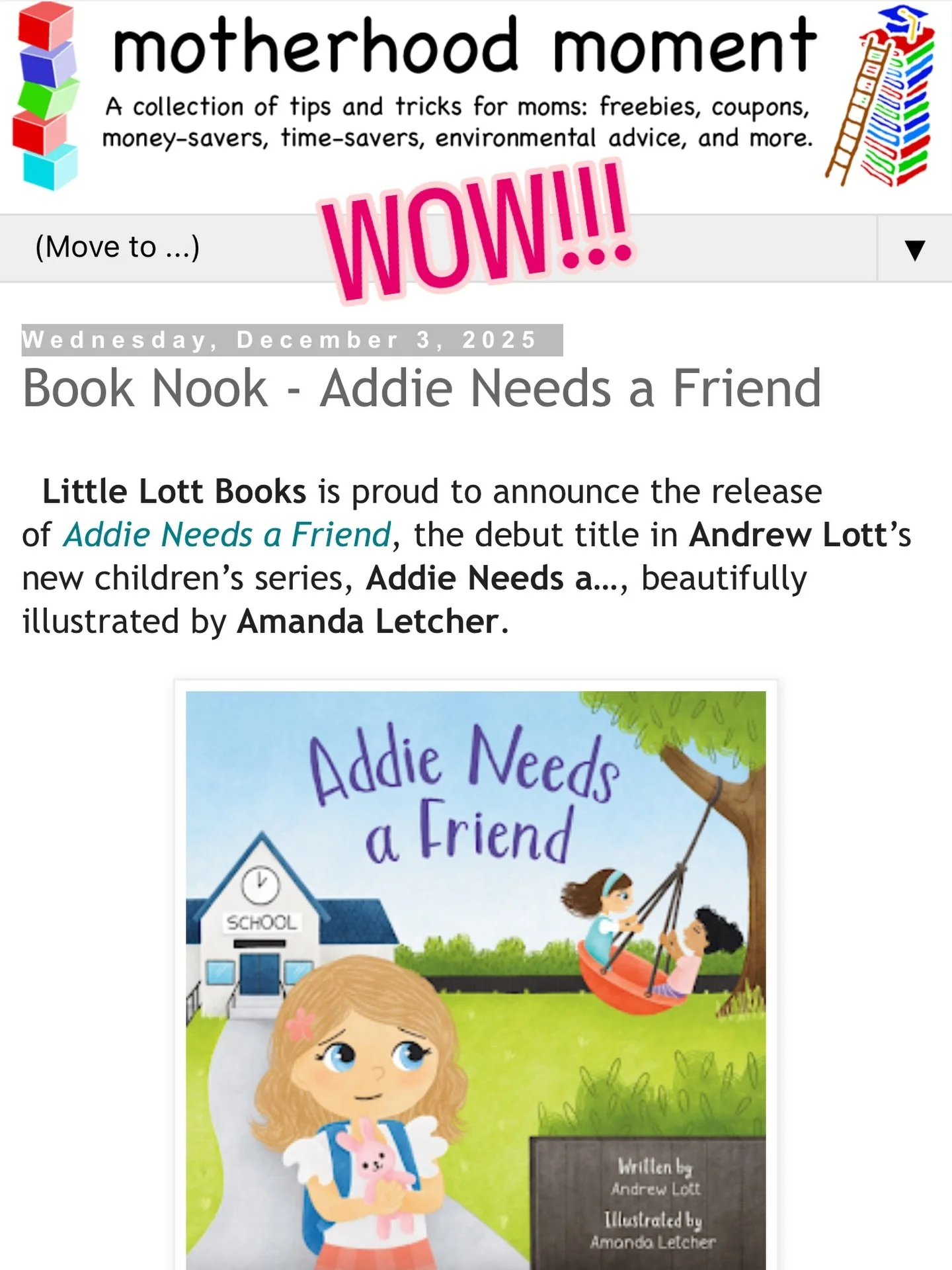 We are thrilled to share that Addie Needs a Friend is featured on the motherhood moment blog today. Link can be found at our website in the bio. #addieneedsafriend #childrensbook #indiepublisher