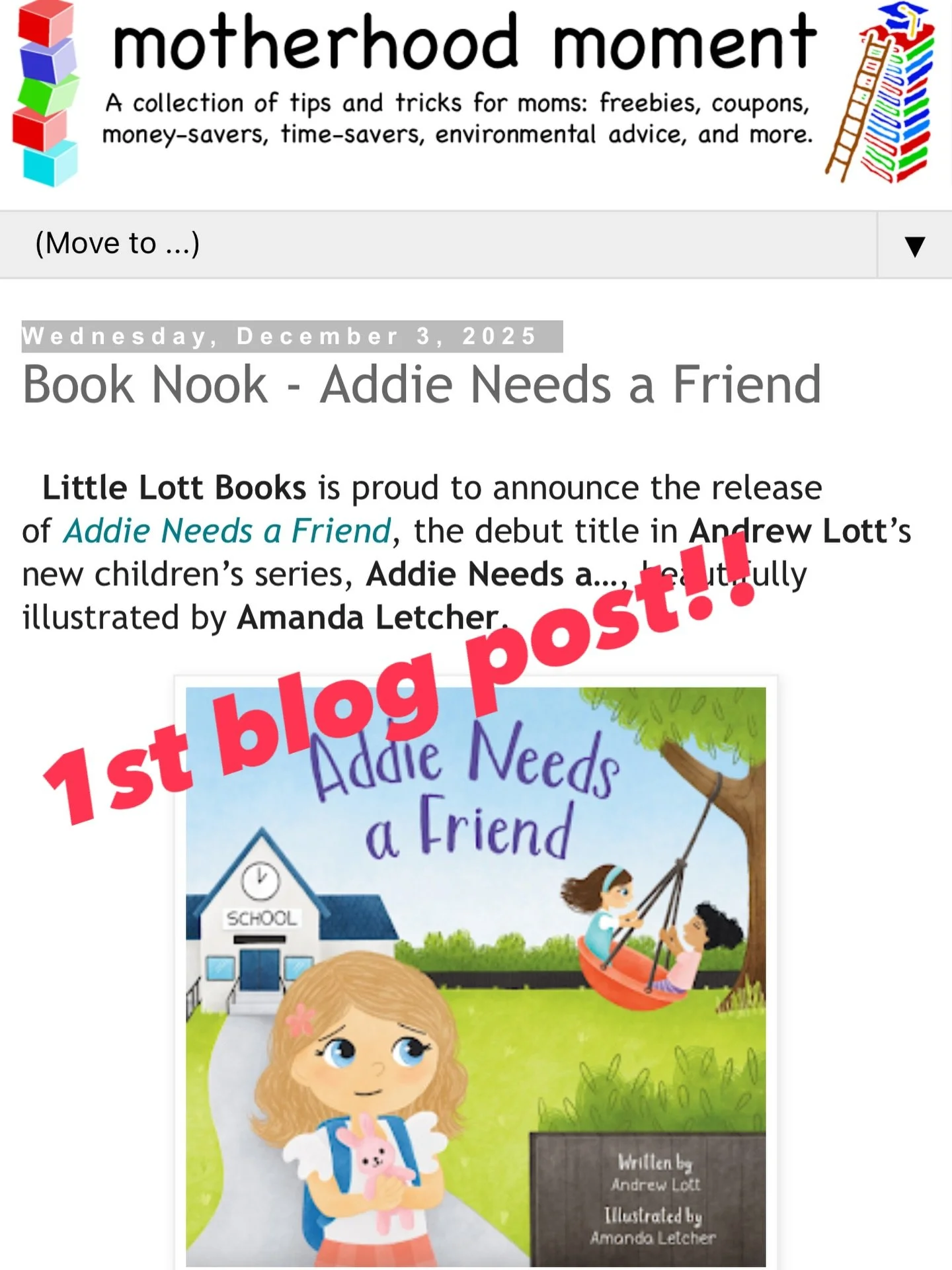 Addie Needs a Friend was featured today on the Motherhood Moment blog! Such a cool moment for my first book. #addieneedsafriend #childrensbook #bookfeature