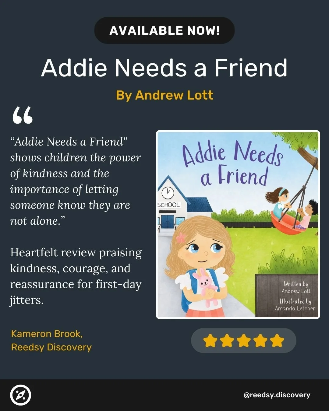 ⭐️⭐️⭐️⭐️⭐️
So grateful for this heartfelt review. Stories like this remind us why Addie Needs a Friend exists. Kindness, courage, and a simple &ldquo;hi&rdquo; can change everything. 💛📚

Thank you for the help and support:
@reedsy_hq
@reedsy.discov