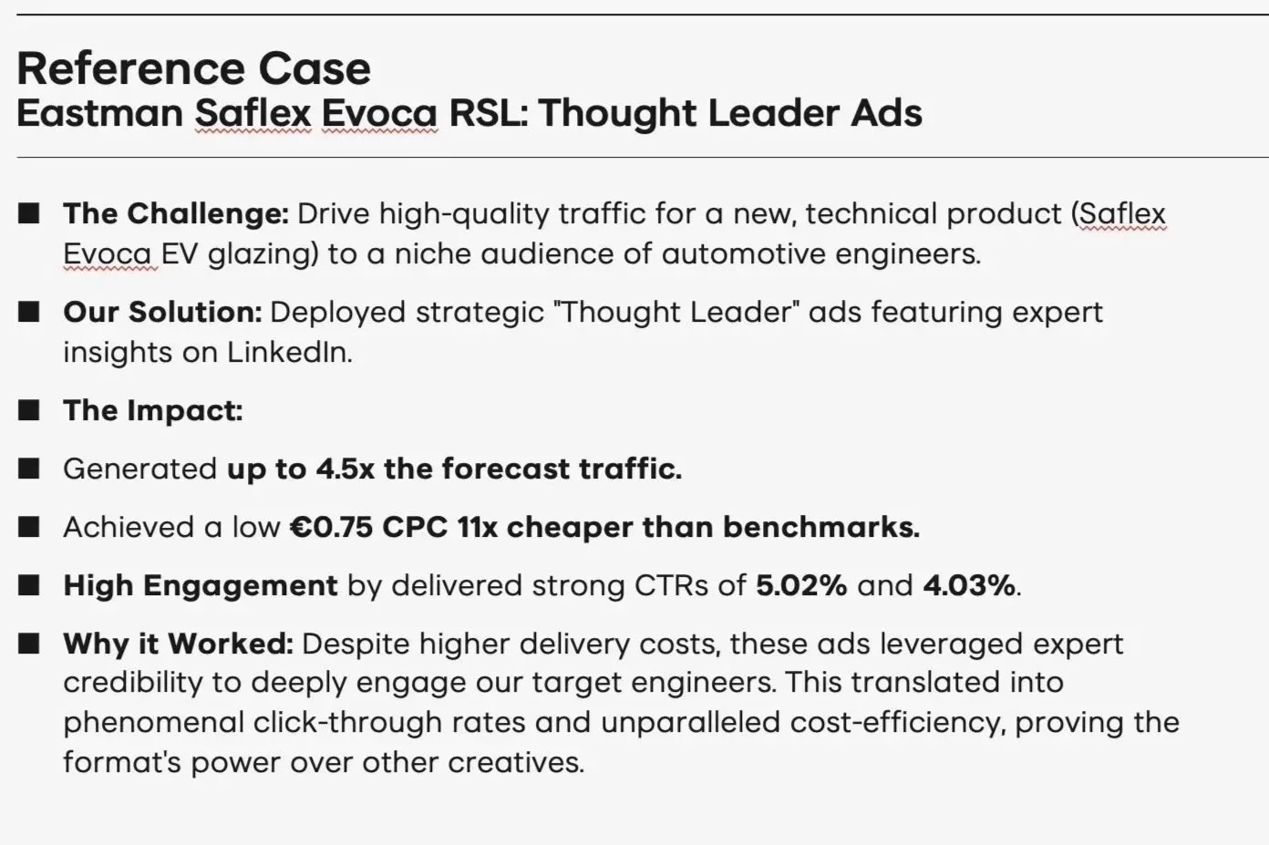 A presentation slide titled 'Reference Case' discusses a marketing campaign for Eastman Saflex Evoca RSL, highlighting a strategic 'Thought Leader' ad campaign on LinkedIn that increased traffic and engagement, and reduced cost per click.
