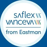 Saflex Vanceva logo with the words 'from Eastman' beneath, featuring a blue circular design and colorful lines.