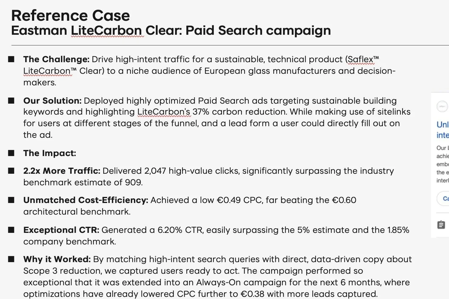 A document titled 'Reference Case Eastman LiteCarbon Clear: Paid Search campaign' explaining a marketing campaign, challenges, solutions, impact, and results related to LiteCarbon's carbon reduction efforts.