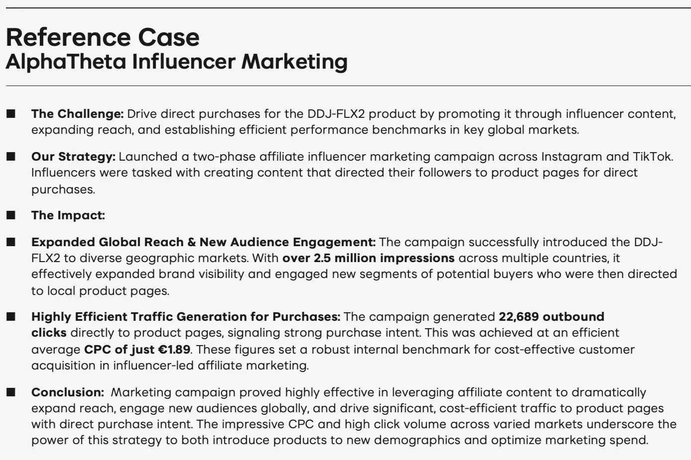 Screenshot of a document titled 'Reference Case AlphaTheta Influencer Marketing'. The text describes a marketing strategy for DDJ-FLX2, focusing on influencer campaigns, global reach, impressions, outbound clicks, and campaign effectiveness.