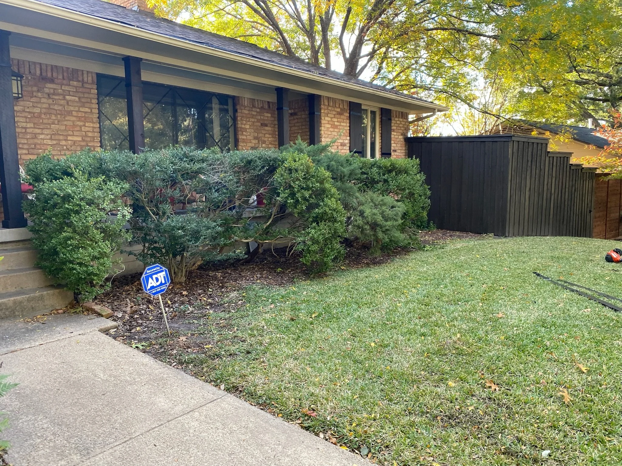 Before photo of a garden bed in Mesquite, TX with undefined edges prior to edging and mulch.