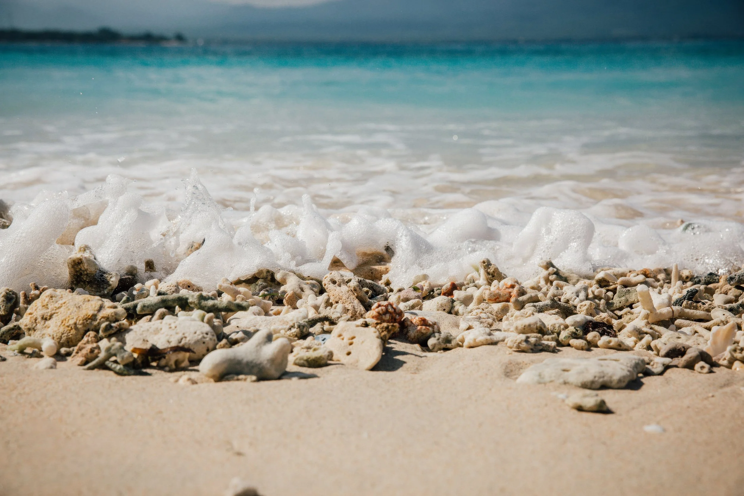 Close-up of a sandy beach with seashells and rocks, foamy ocean waves approaching the shore, and turquoise water under a clear sky.