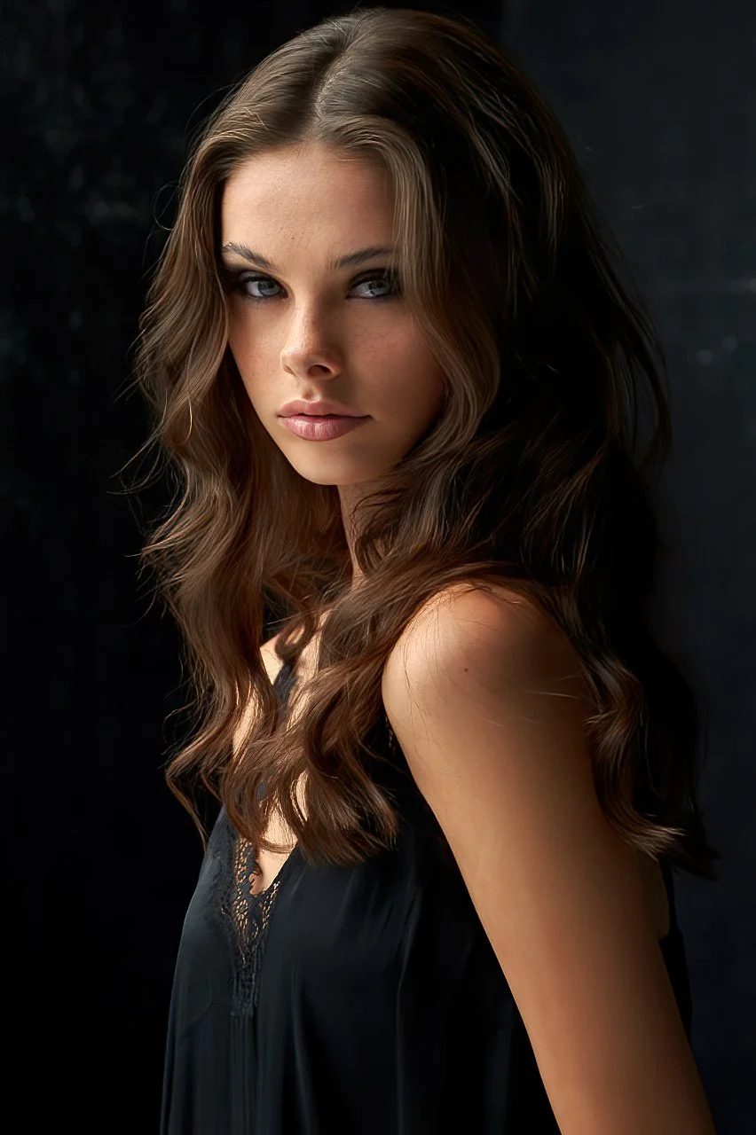 A young woman with long, wavy brown hair and blue eyes looking directly at the camera, wearing a black top with lace details.